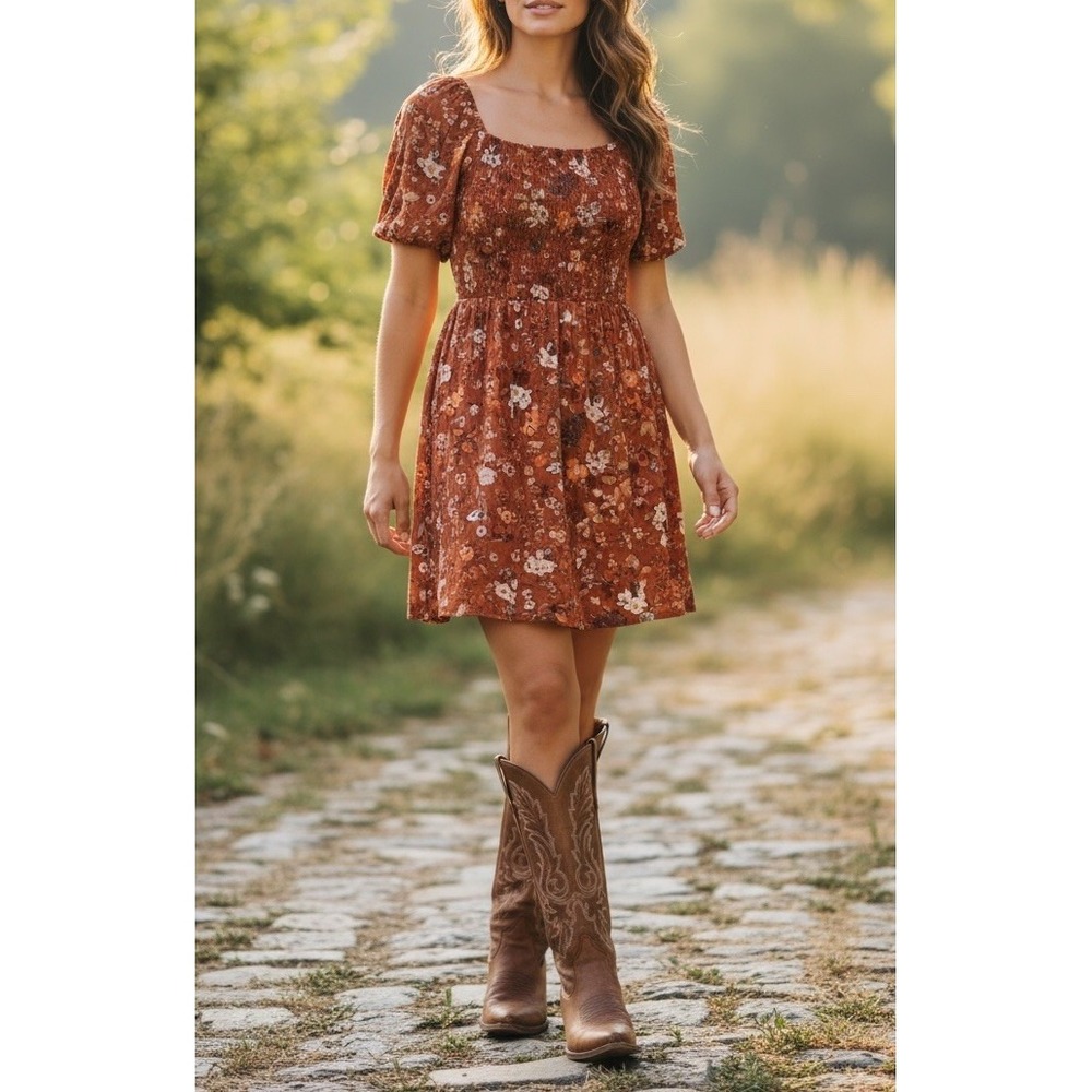 Live To‎ Be Spoiled Women's Medium Rust Floral Print Off Shoulder Dress